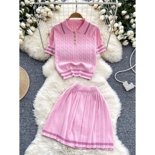 suit waist contrast short sleeve Color skirt high top knit