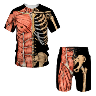 Human skeleton print T-shirt shorts set人骨骼3d印花T恤短裤套