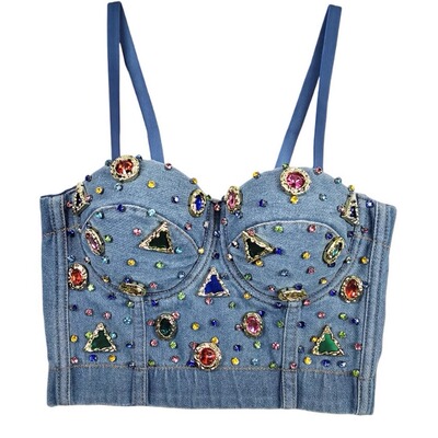 复古彩钻牛仔鱼骨胸衣