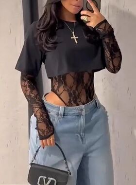 Women lace long sleeve jumpsuit圆领蕾丝长袖连体裤不规则上衣