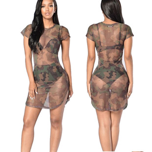 迷彩网纱透视短袖表演连衣裙Camouflage tulle performance dress