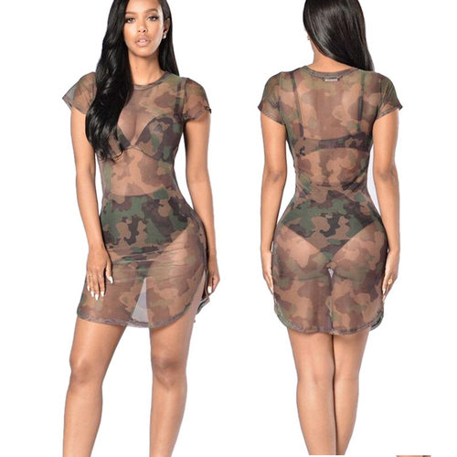 迷彩网纱透视短袖表演连衣裙