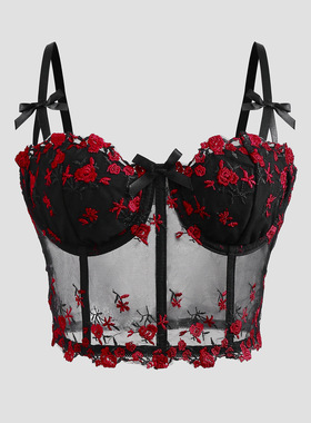 Red floral embroidered fishbone vest红色碎花刺绣网纱鱼骨背心