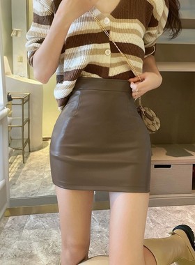 纯色性感PU皮修身短裙Sexy PU leather slim-fitting short skirt