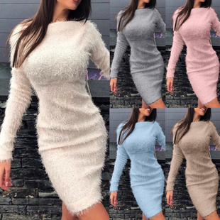 sleeve one step Sexy 女士性感毛绒长袖 long skirt 一步裙 plush