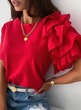 Multi-layered ruffled short-sleeved T-shirt多层荷叶边短袖T恤