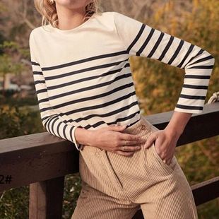 Cotton-knit crewneck striped undershirt针织棉圆领 条纹打底衫