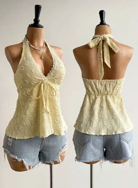 V领绑带性感挂脖露背无袖上衣女Vacation Style Sexy Halter Top