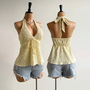 V领绑带性感挂脖露背无袖上衣女Vacation Style Sexy Halter Top