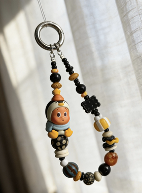 泡泡玛特暖暖企鹅萌粒手机链黑黄撞色小众设计串珠手机挂绳挂件