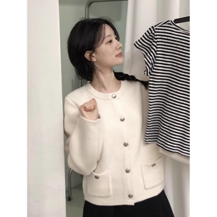 设计感小众圆领金属扣针织开衫时尚外套百搭上衣女