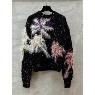 风彩色亮片羽毛花朵套头针织衫南油女装绣花毛衣名媛风毛衣