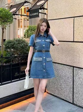 春夏新款时尚重工口袋烫钻刺绣气质显瘦牛仔连衣裙女配送腰带