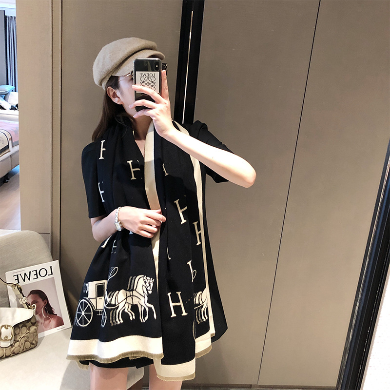 羊绒围巾女冬季2025新款H子母韩版围脖加厚羊毛保暖大牌披肩两用