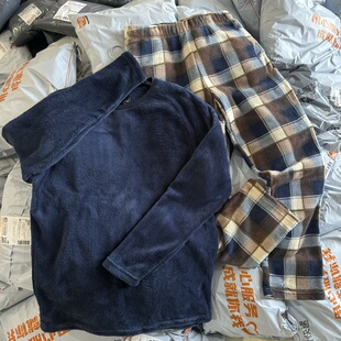 保暖慵懒宽松轻便男女情侣 格子套装 外贸 珊瑚绒家居遛弯睡衣睡裤