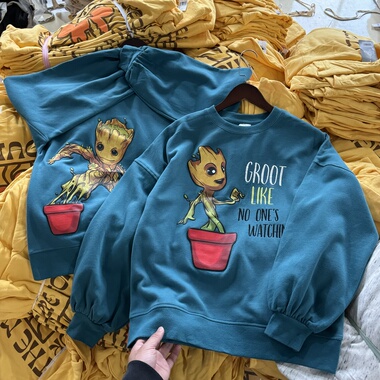 乐园版 银河卫队格鲁特 宽肩灯笼袖美式复古圆领卫衣秋冬男女薄绒