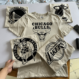 打球运动休闲健身T恤男女 植绒印花球队复古水洗短袖 美单 球迷款