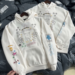 美国单 海宝简笔画卡通卫衣 慵懒风美式连帽薄绒秋冬帽衫男女短款