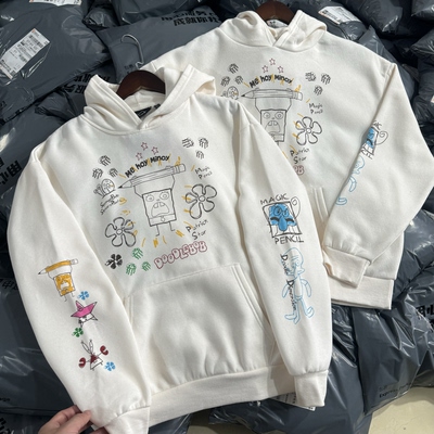 美国单 海宝简笔画卡通卫衣 慵懒风美式连帽薄绒秋冬帽衫男女短款