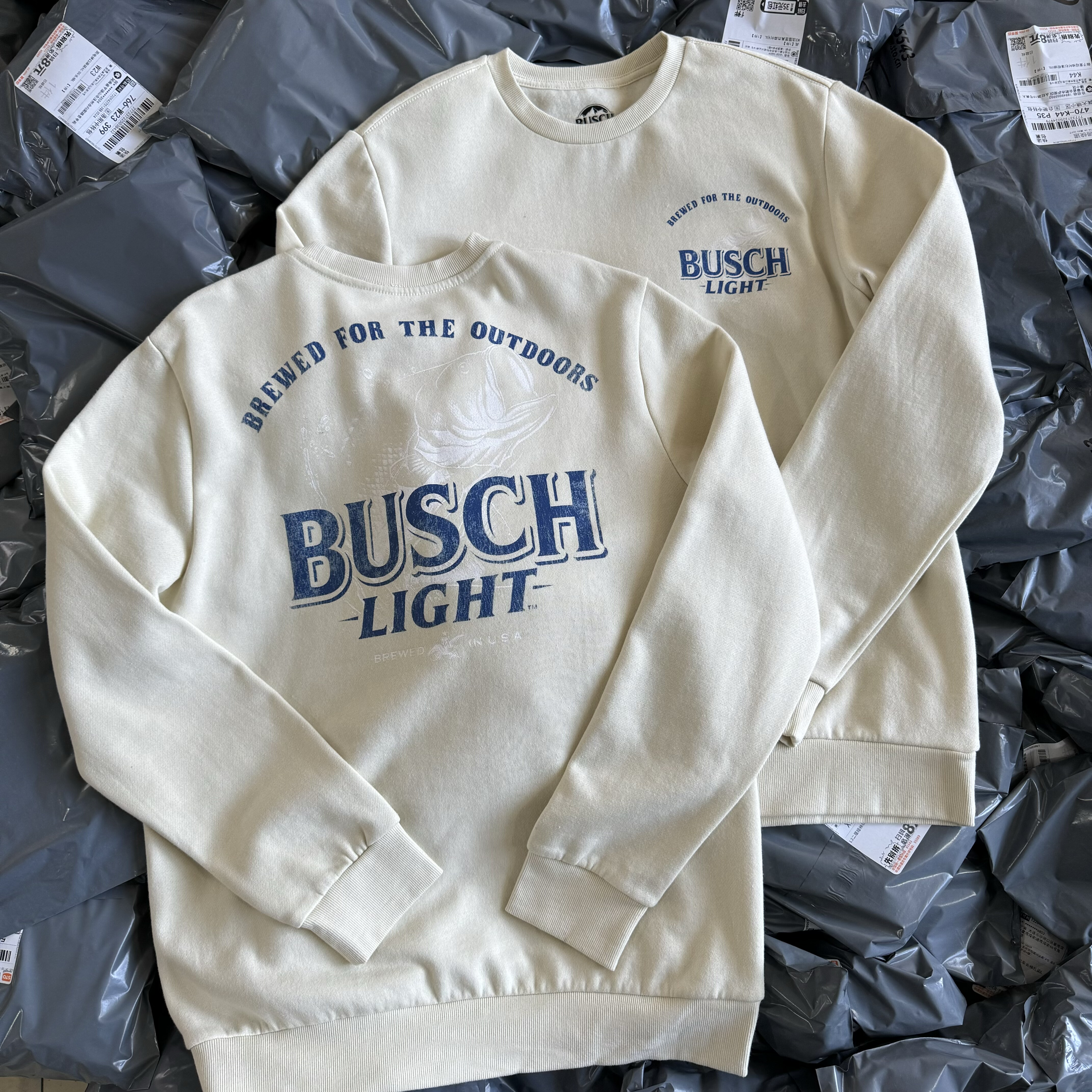 外贸 美式 BUSCH LIGHT联名 复古户外钓鱼佬男女秋冬薄绒圆领卫衣