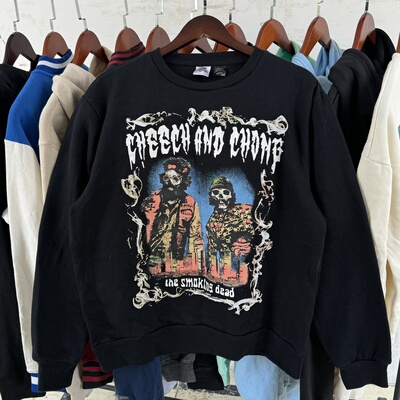 次品处理  欧美亚文化Cheech Chong骷髅美式复古圆领卫衣男女薄绒