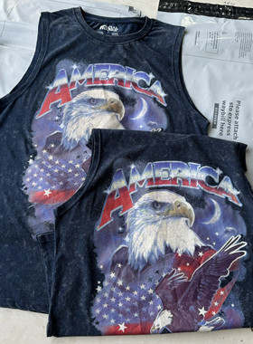 出口订单尾货 白头鹰水洗做旧背心男女款无袖坎肩跨栏夏季街头376