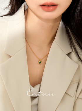 复古简约祖母绿方形项链锁骨链