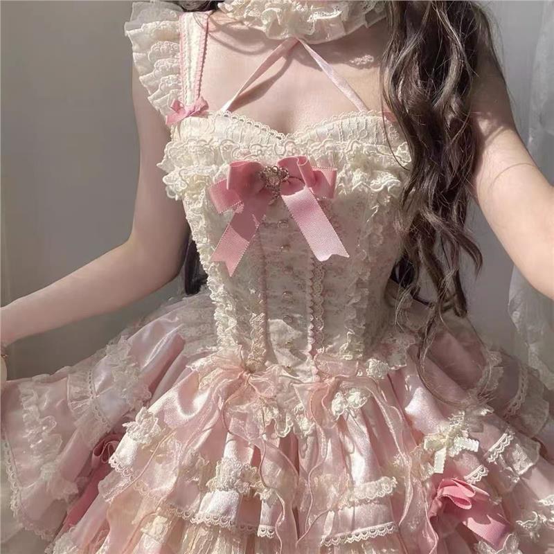 洛丽塔风粉色公主裙蕾丝蝴蝶结吊带蛋糕裙芭蕾风显瘦lolita连衣裙