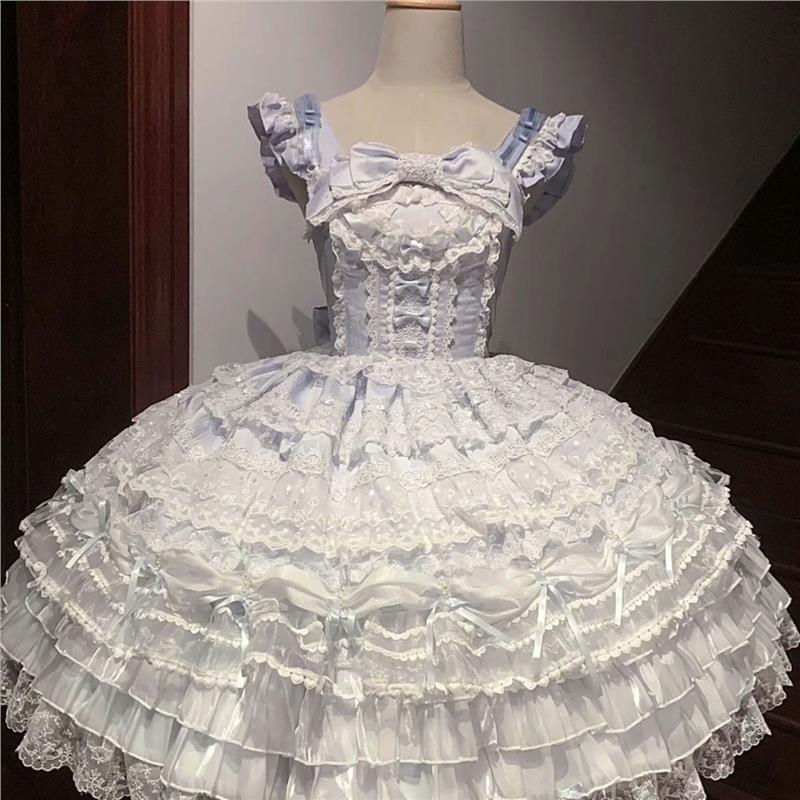 洛丽塔白色蓝色粉色jsk吊带连衣裙蝴蝶结蛋糕公主风Lolita套装女