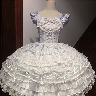 洛丽塔白色蓝色粉色jsk吊带连衣裙蝴蝶结蛋糕公主风Lolita套装女