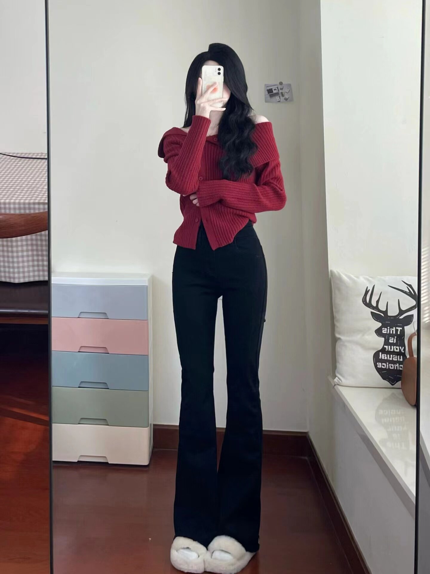 HONMEI YEAR FASHIONABLE FOREIGN RED UPPER SWEATER FEMALE DESIGN SEXY IRREGULAR ONE-SHOULDER KNITTED UNDERSHIRT AUTUMN AND WINTER