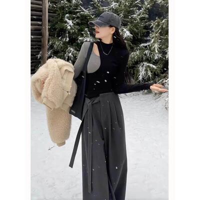 灰大色毛呢西休裤女新冬款梨型材遮胯显瘦尺码高级感身阔装季GEPP