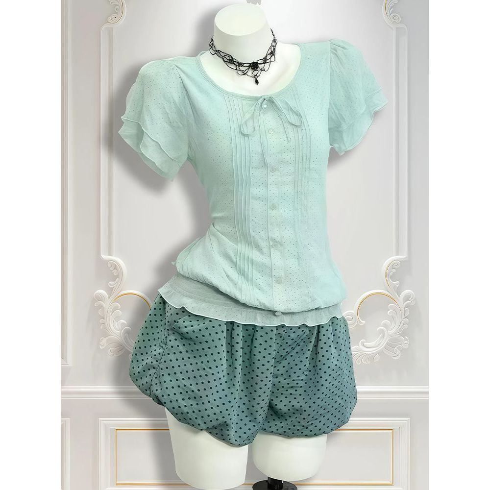 【青禾序夏】中古小清新上衣+波点花苞短裤两件套小个子古早设计