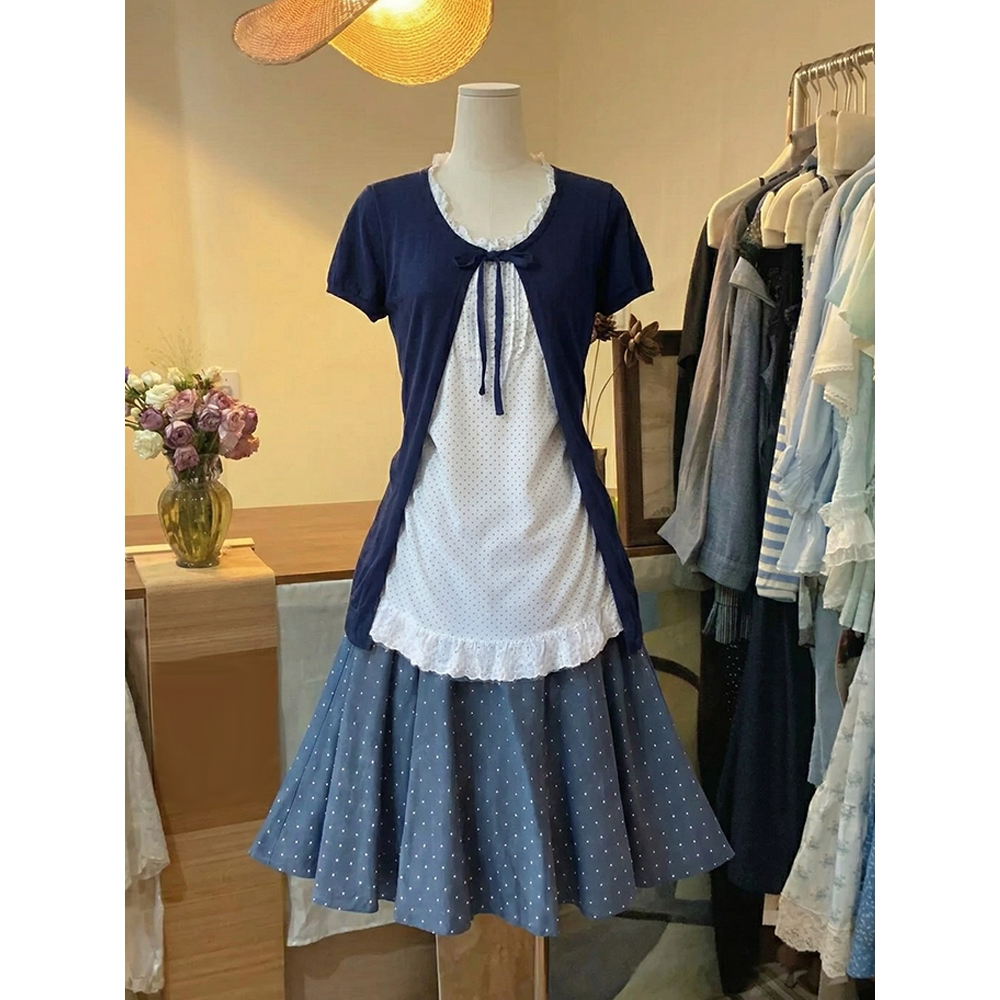 春绯日记 古早感vintage设计夏季新款短袖开衫叠穿背心半裙三件套