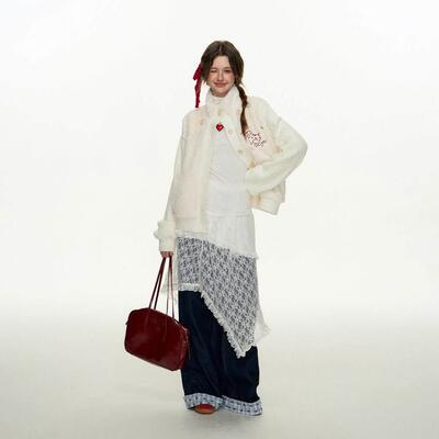 Cyi甜美冬针织拼接兔外套上衣夹棉开 NJJC毛衫加绒加厚2UB024软糯