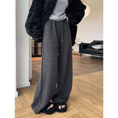 灰色阔腿裤绒裤女02VIS25新T加VS冬直筒休闲垂子坠感糯加厚米款裤