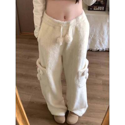 女冬季百貂加色厚高腰垂感宽ZSO松绒钓鱼JPN裤子阔腿针织奶白直筒