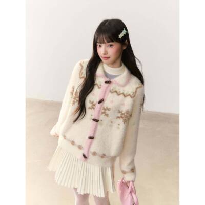 u图moGSGumo软蘑休闲乌慵懒糯百撞色彷貂毛费搭尔岛雪QWF花案开衫