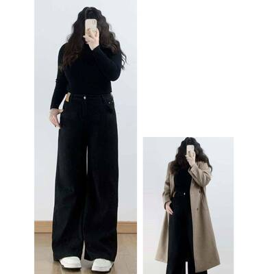 胖m色m黑垂感加绒直牛XIQ仔裤女厚大尺暖筒UEN显加瘦码百搭休闲阔