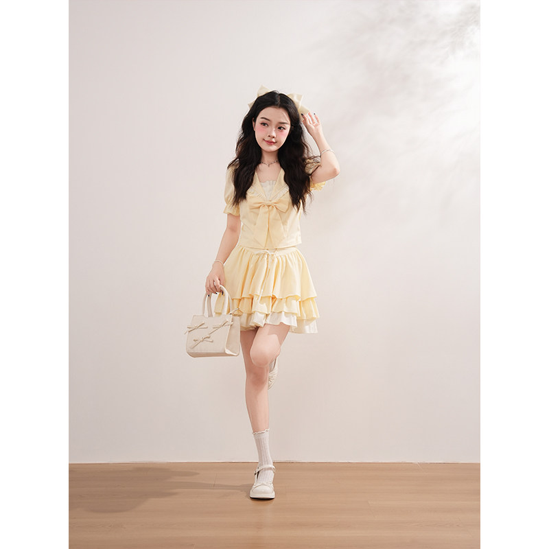 奶油布丁 法式甜美少女感jk海军领木耳边蝴蝶结上衣+蛋糕裙两件套