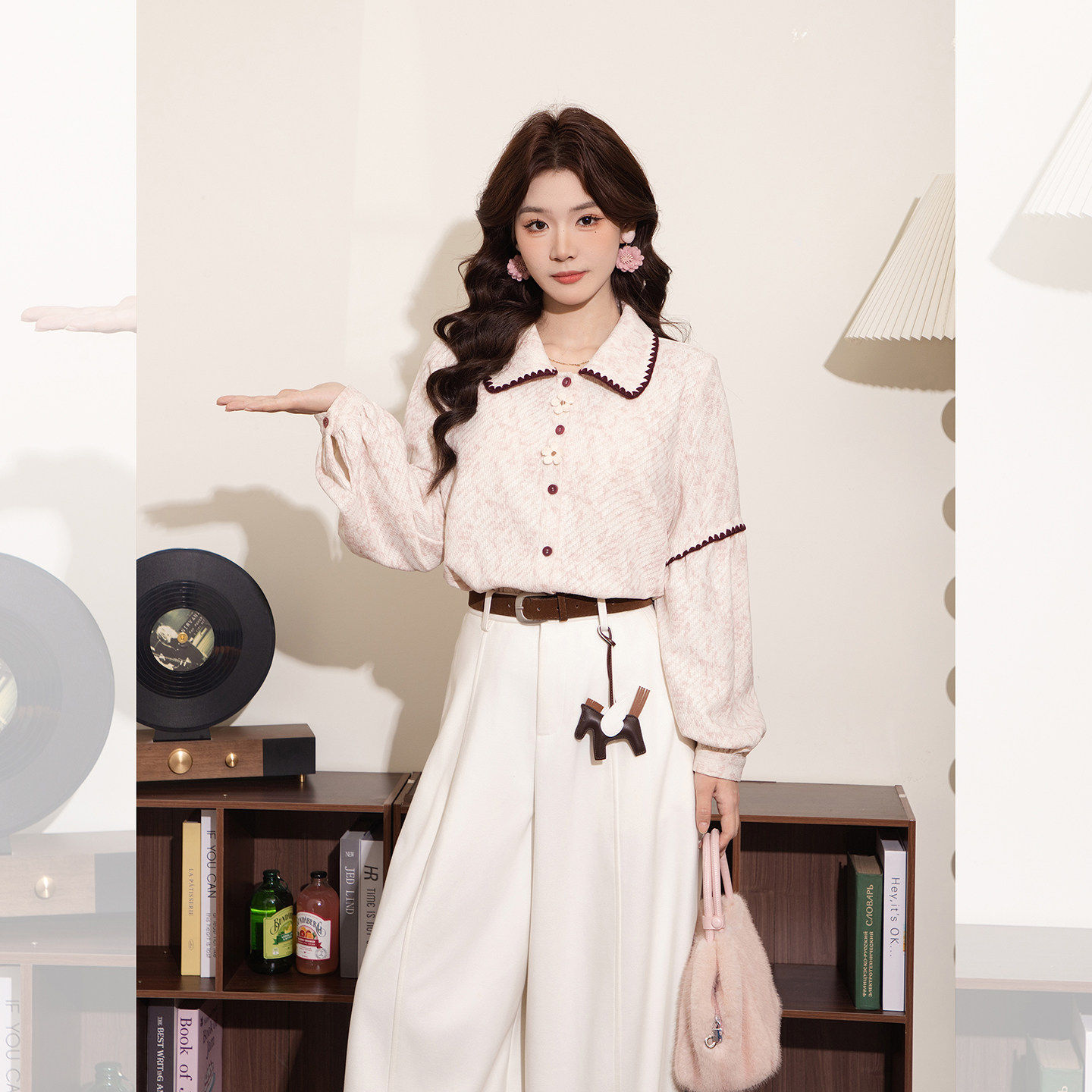 DaYuanSAD婉儿复古穿搭 粉色拼接衬衫女装秋冬季长袖衬衫气质上衣