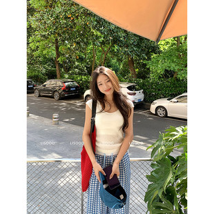 LISOOO 双版本 绞花肌理感针织短袖女夏薄款抽绳收腰圆领上衣