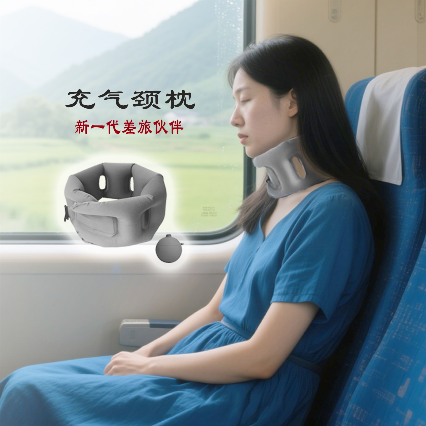乐捷旅充气U型枕魔术贴