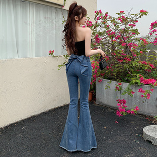 立体蝴蝶结牛仔裤女2026夏季新款欧若风高腰百搭显瘦翘臀喇叭裤子