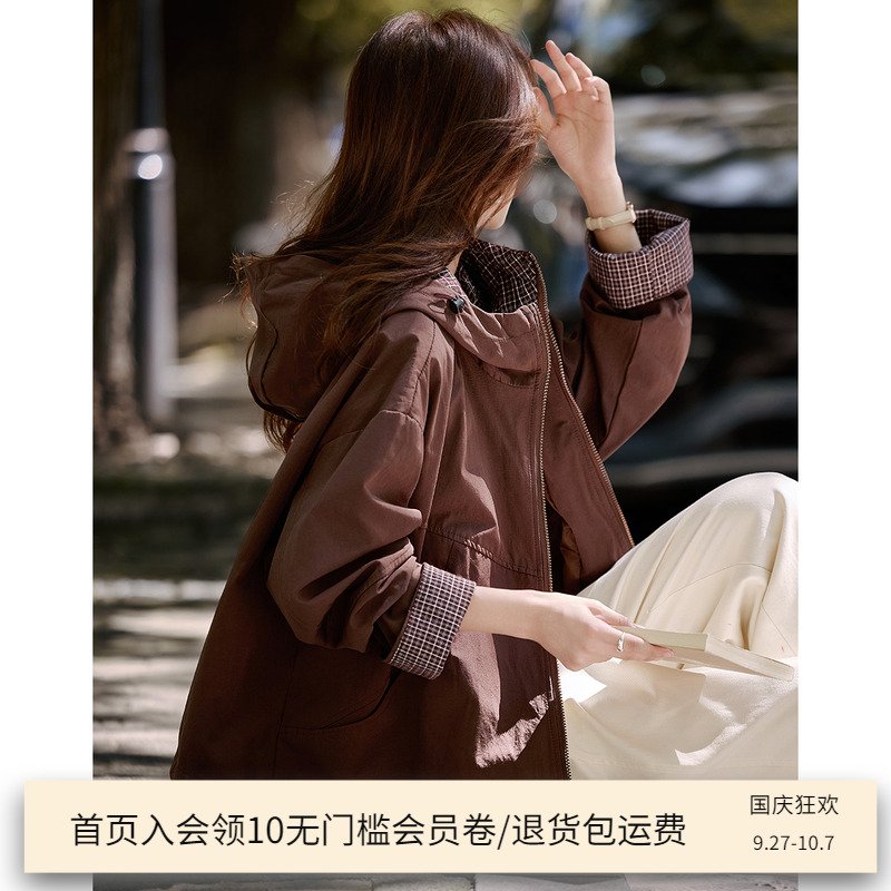 复古摩登工装外套女2025春秋新款格纹袖宽松百搭休闲连帽短款上衣