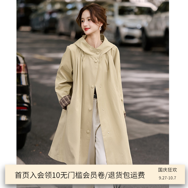 拼接格子袖风衣女2025春秋新款中长款英伦风今年流行爆款休闲外套