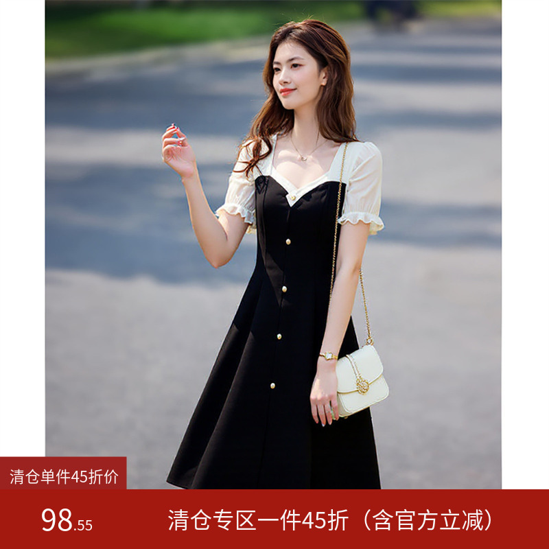 法式简约撞色收腰显瘦小黑裙女木耳袖2025夏季新款方领连衣裙
