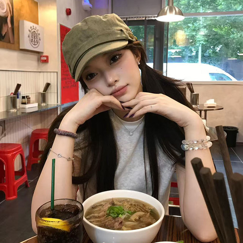 橄榄绿~日系金属扣平顶骑士帽女