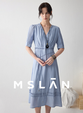 月光宝石|MSLAN夏季法式三角压褶收腰婴儿蓝连衣裙女MFCE4120