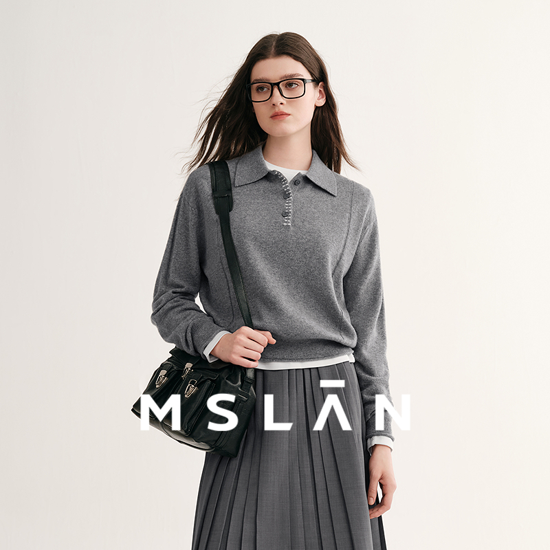 含山羊绒/MSLAN冬季格雷系翻领毛衣POLO领羊毛针织衫MGDN170